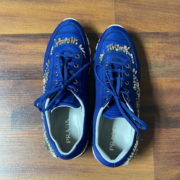 Blue Prada sneakers with Gold and Clear Rhinestone detailing size 39 (9) - Picture 7 of 8